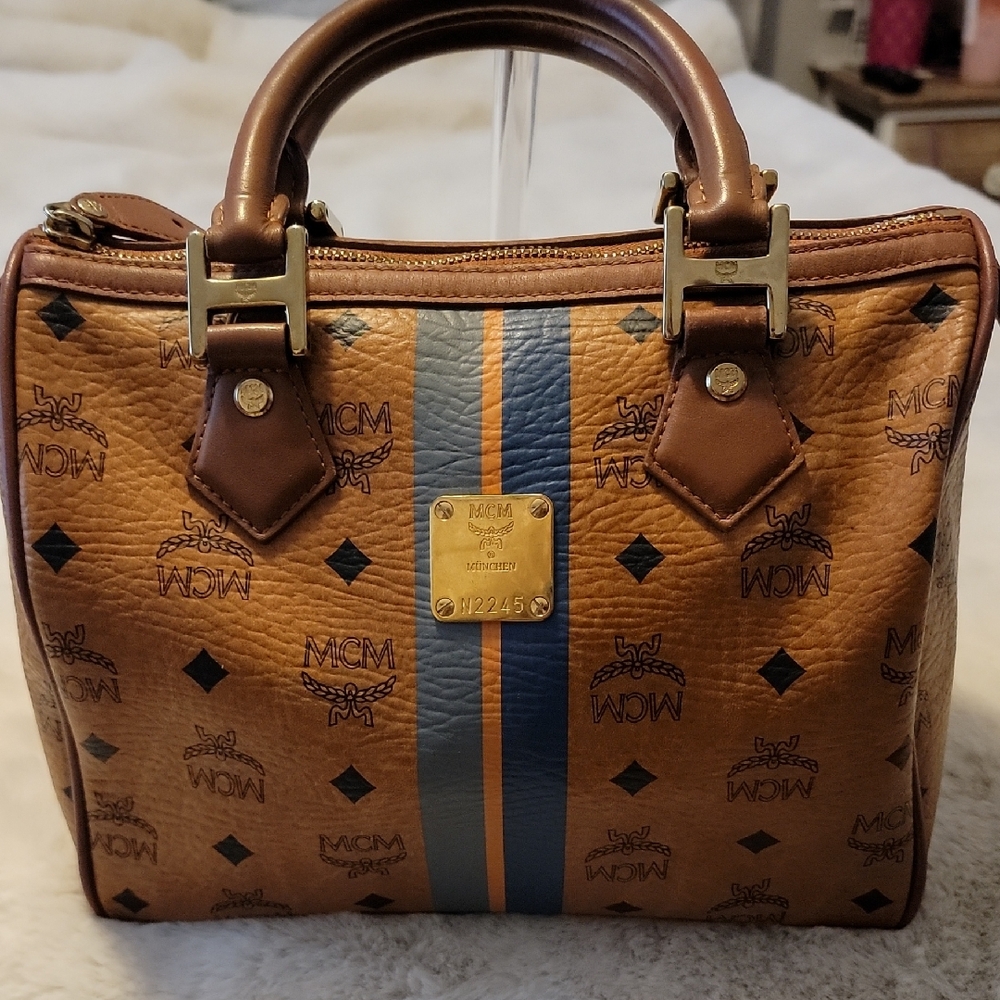MCM Cognac With Blue Striped Boston Bag #N2245
